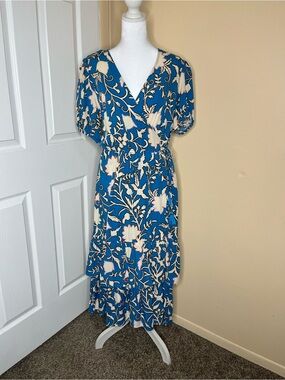 Knox Rose Women's Shimmer Blue Floral Wrap Ruffle Hem Midi Dress Size M